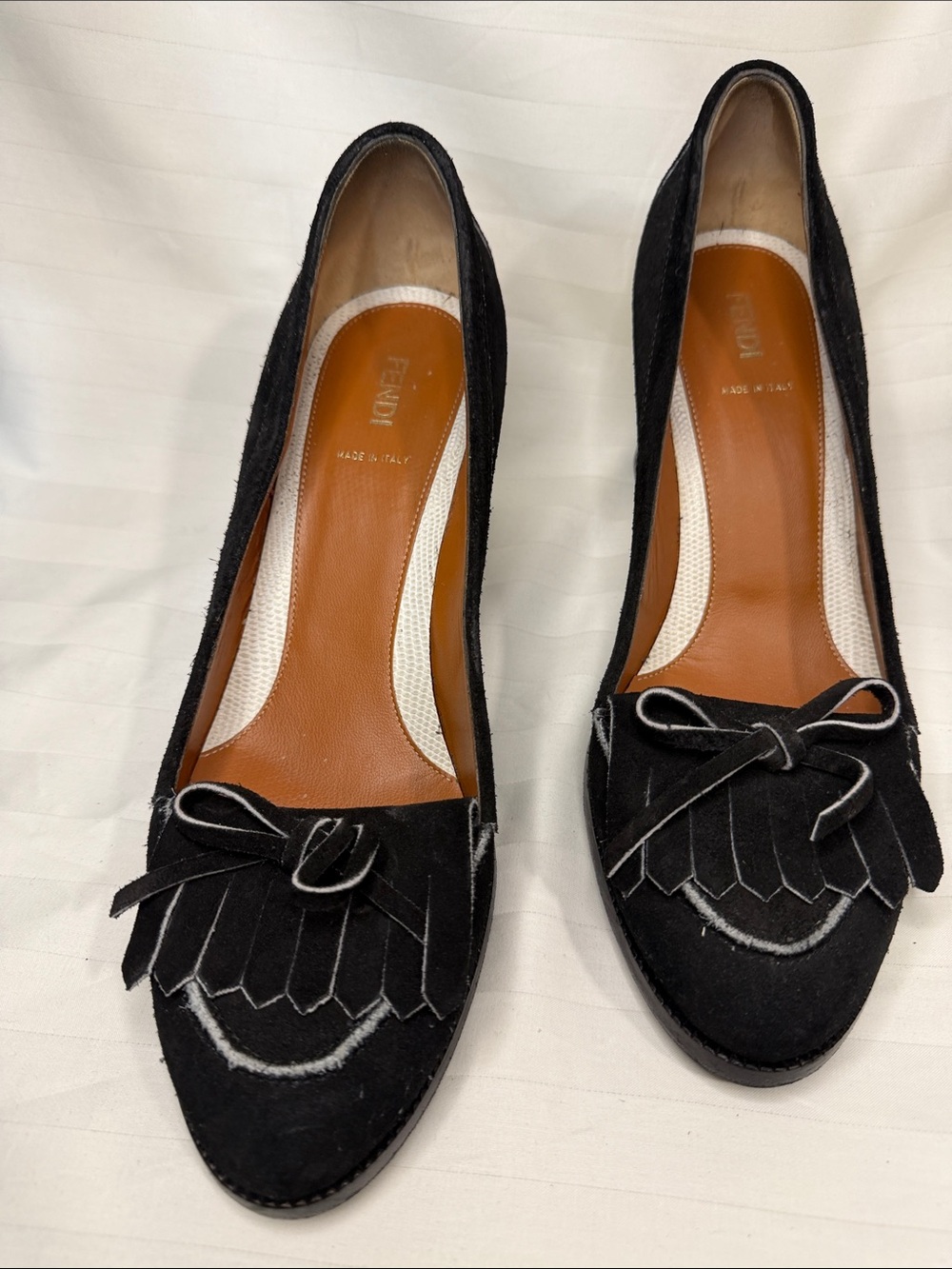 Fendi Black Suede with White Heel Kiltie Loafers with Bow Detail - Size 41